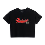 Black baby tee with 'Rainier Beer' logo on the chest.