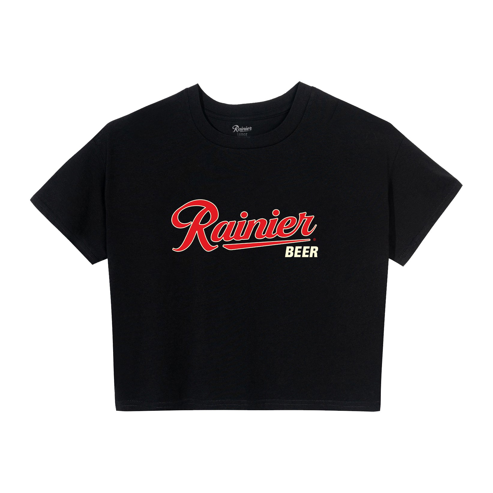 Black baby tee with 'Rainier Beer' logo on the chest.