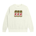 Off-white sweatshirt with a graphic design of three cans labeled 'RRR' on a white background