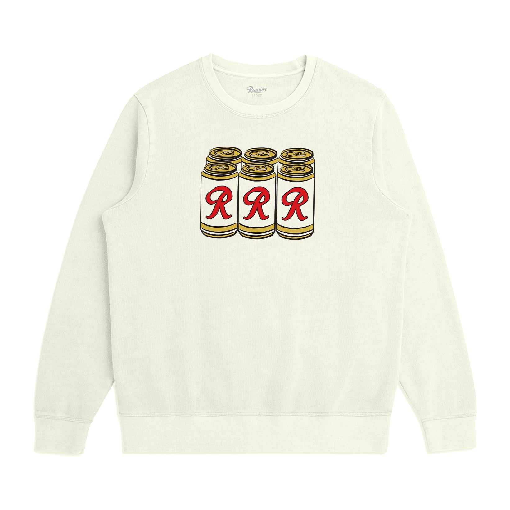 Off-white sweatshirt with a graphic design of three cans labeled 'RRR' on a white background