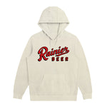 Bone hoodie with 'Rainier Beer' logo on a white background