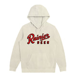Bone hoodie with 'Rainier Beer' logo on a white background