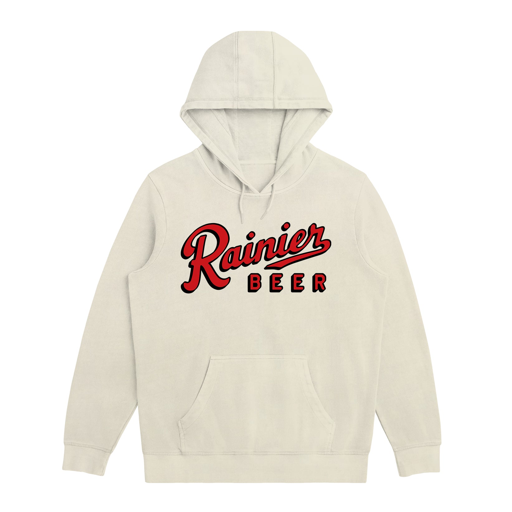 Bone hoodie with 'Rainier Beer' logo on a white background
