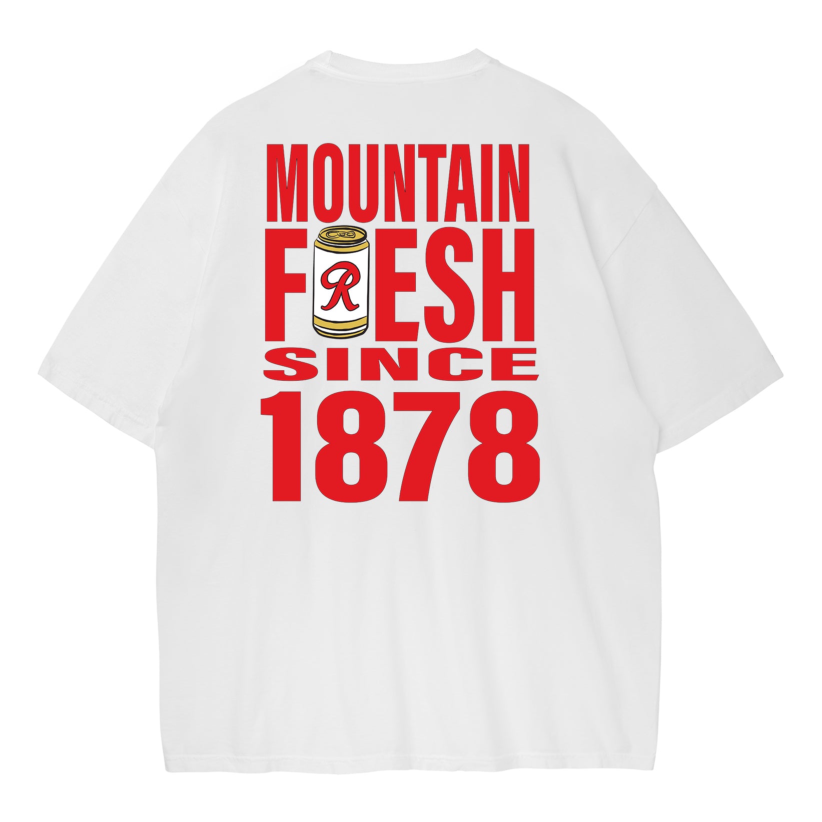 White t-shirt with red text 'Mountain Fresh Since 1878' on a white background