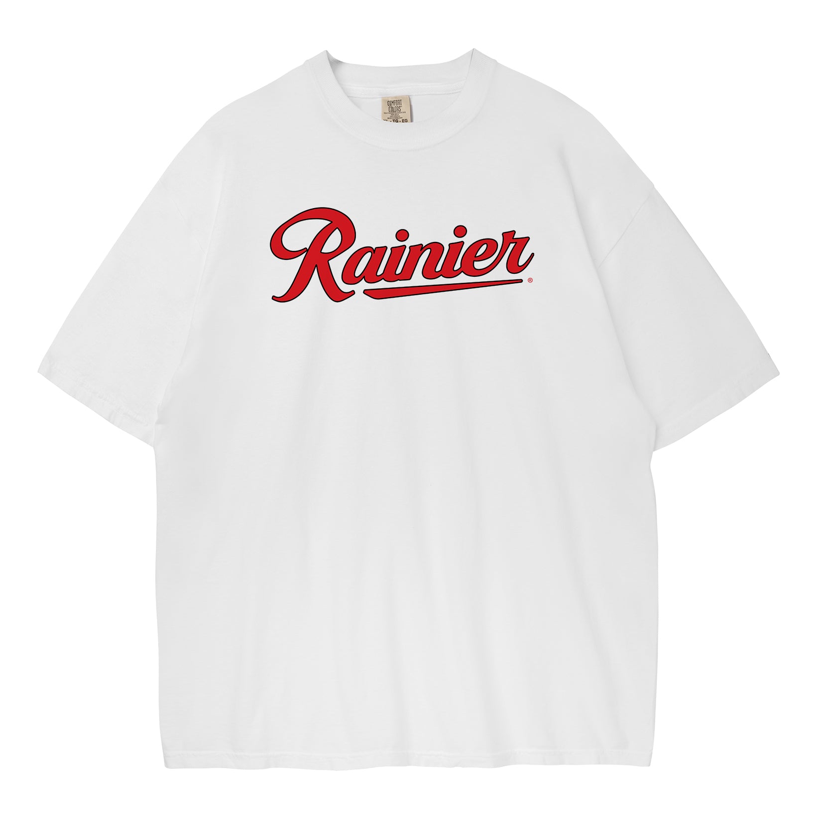 White t-shirt with red 'Rainier' logo on a white background