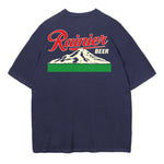 Navy blue t-shirt with Rainier Beer graphic on a white background