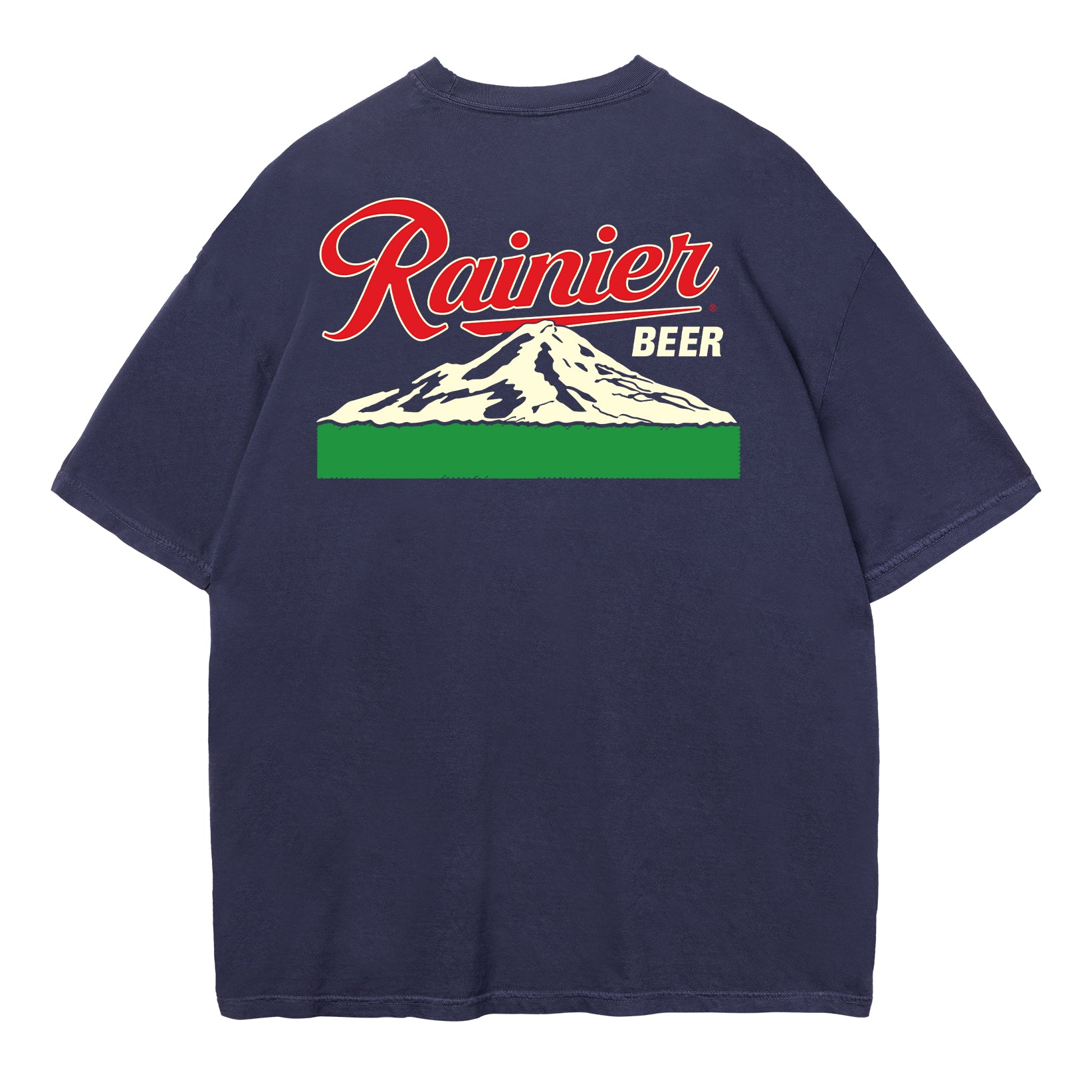 Navy blue t-shirt with Rainier Beer graphic on a white background