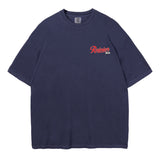 Navy blue t-shirt with a red and white logo on a white background