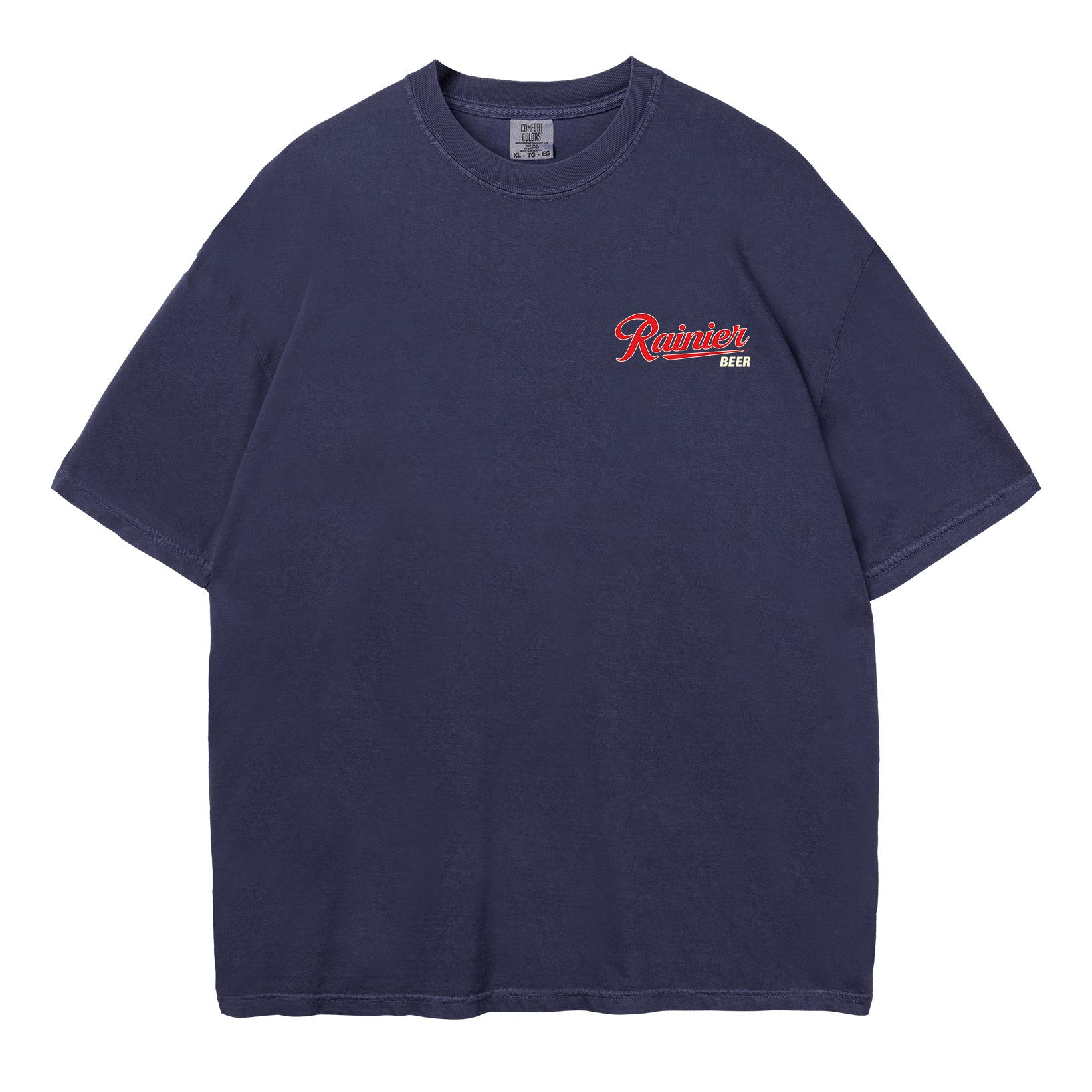 Navy blue t-shirt with a red and white logo on a white background