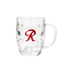 A clear glass mug with a handle, featuring a red letter 'R' on the side.