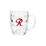 A clear glass mug with a handle, featuring a red letter 'R' on the side.