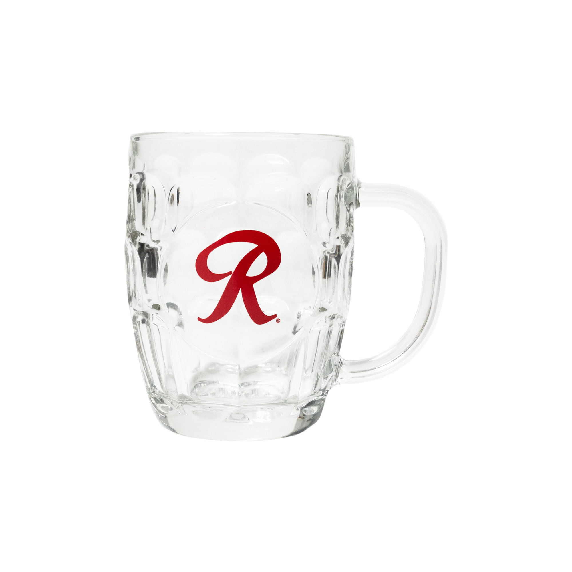 A clear glass mug with a handle, featuring a red letter 'R' on the side.
