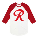 Baseball shirt with a red 'R' on a white background