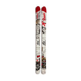 skis with a continuous image of a person riding a motorcycle and a Sasquatch inspired Rainier beer in the background