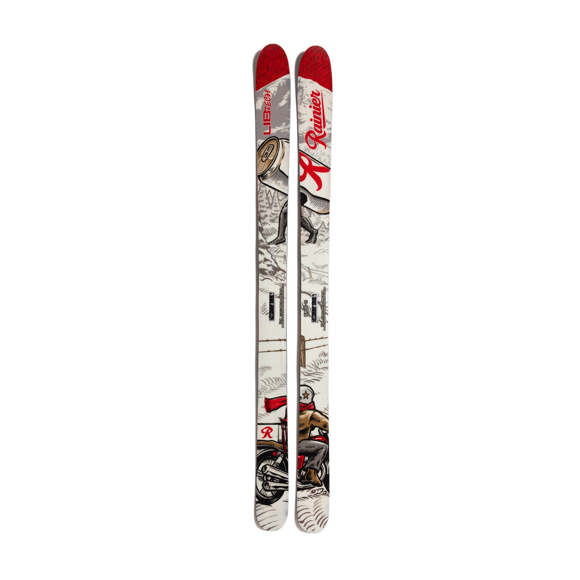 skis with a continuous image of a person riding a motorcycle and a Sasquatch inspired Rainier beer in the background