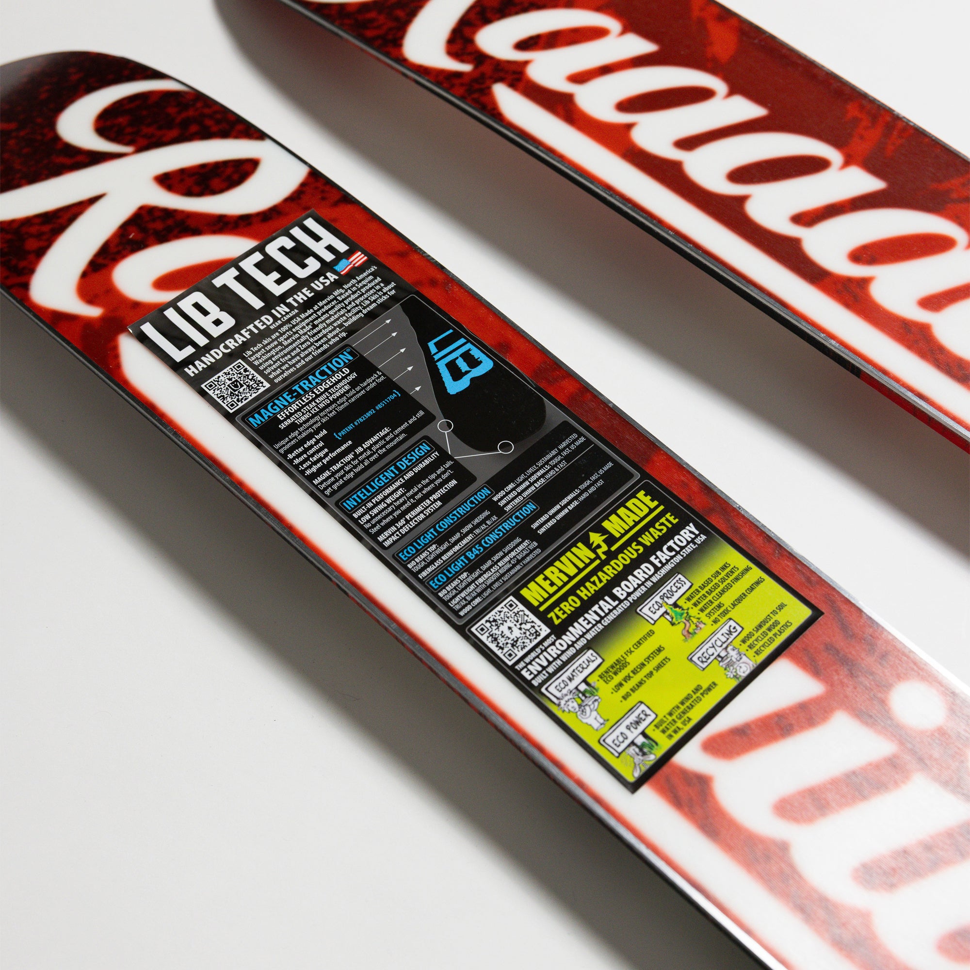 Close-up of a Lib Tech skis deck with product information label.