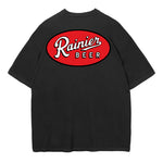 Black t-shirt with Rainier Beer logo on the back against a white background