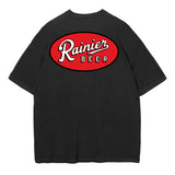 Black t-shirt with Rainier Beer logo on the back against a white background