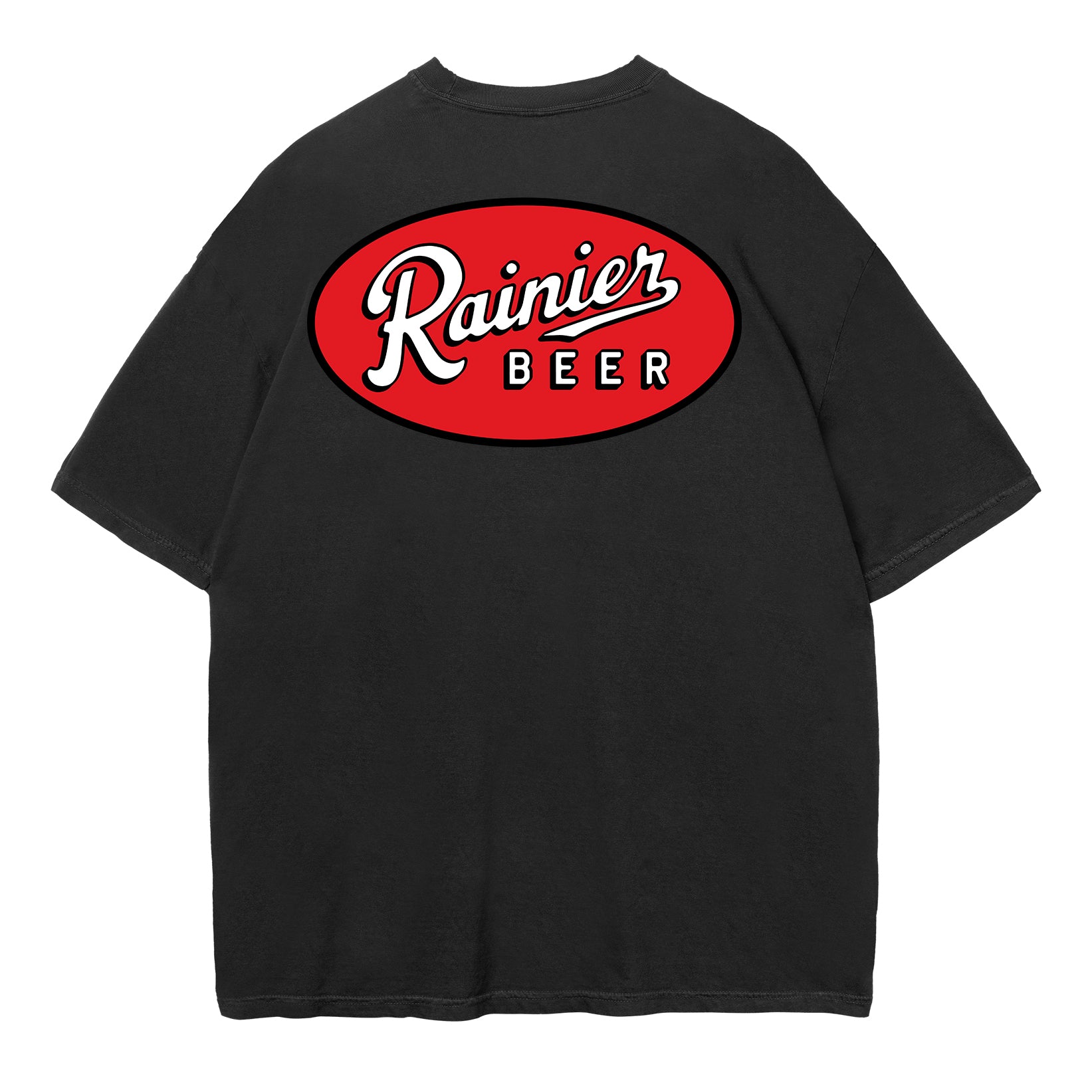 Black t-shirt with Rainier Beer logo on the back against a white background