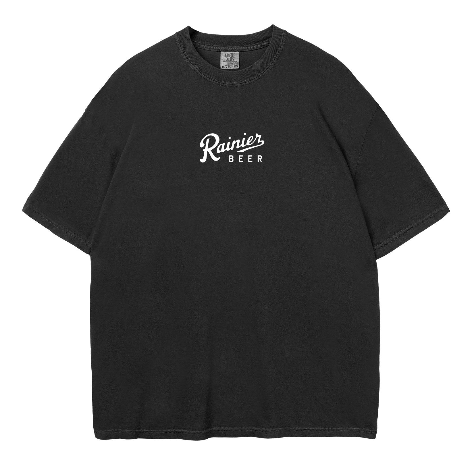 Black t-shirt with 'Rainier Beer' logo on a white background