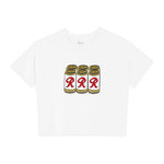 White baby tee with a six pack of Rainier beers on the chest.