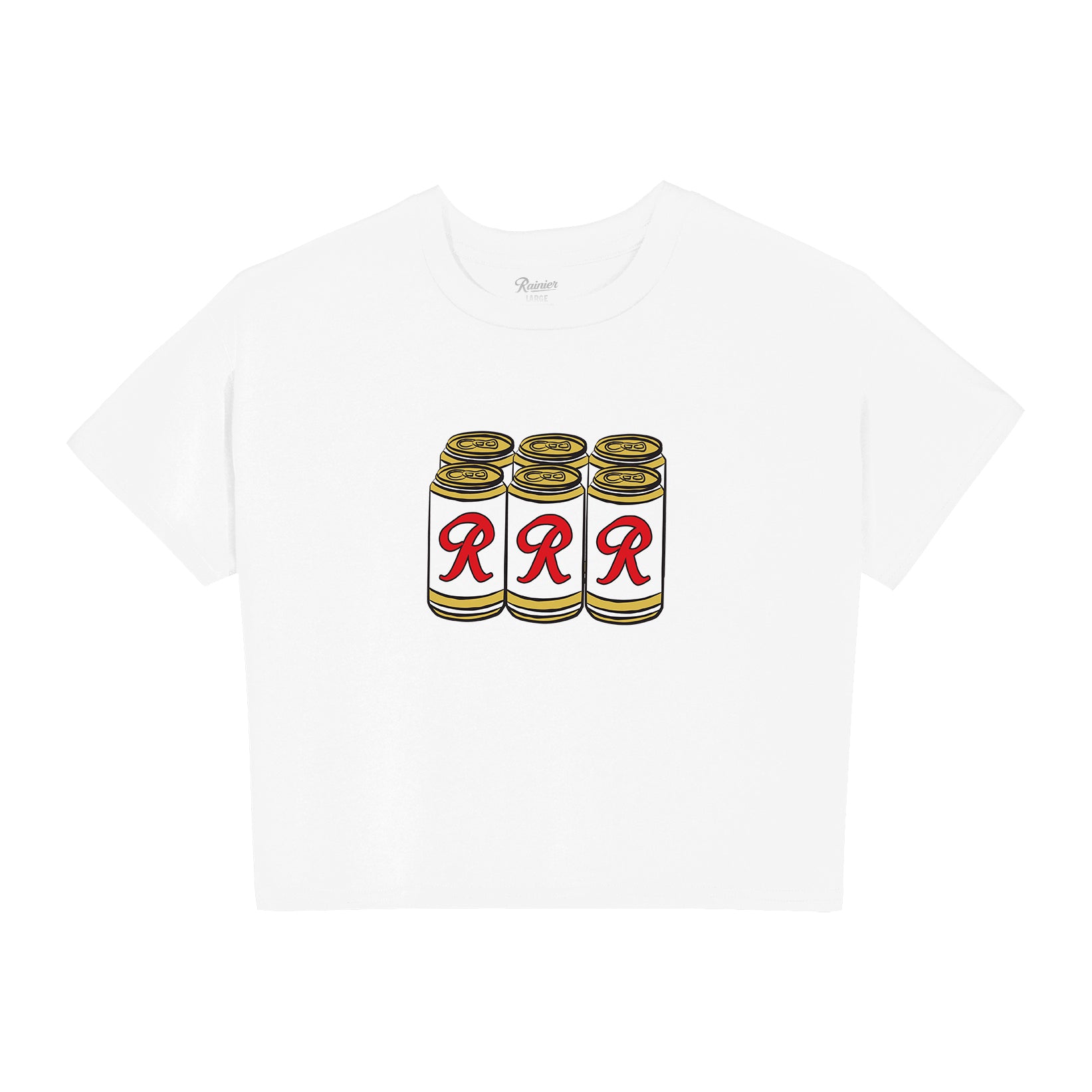 White baby tee with a six pack of Rainier beers on the chest.